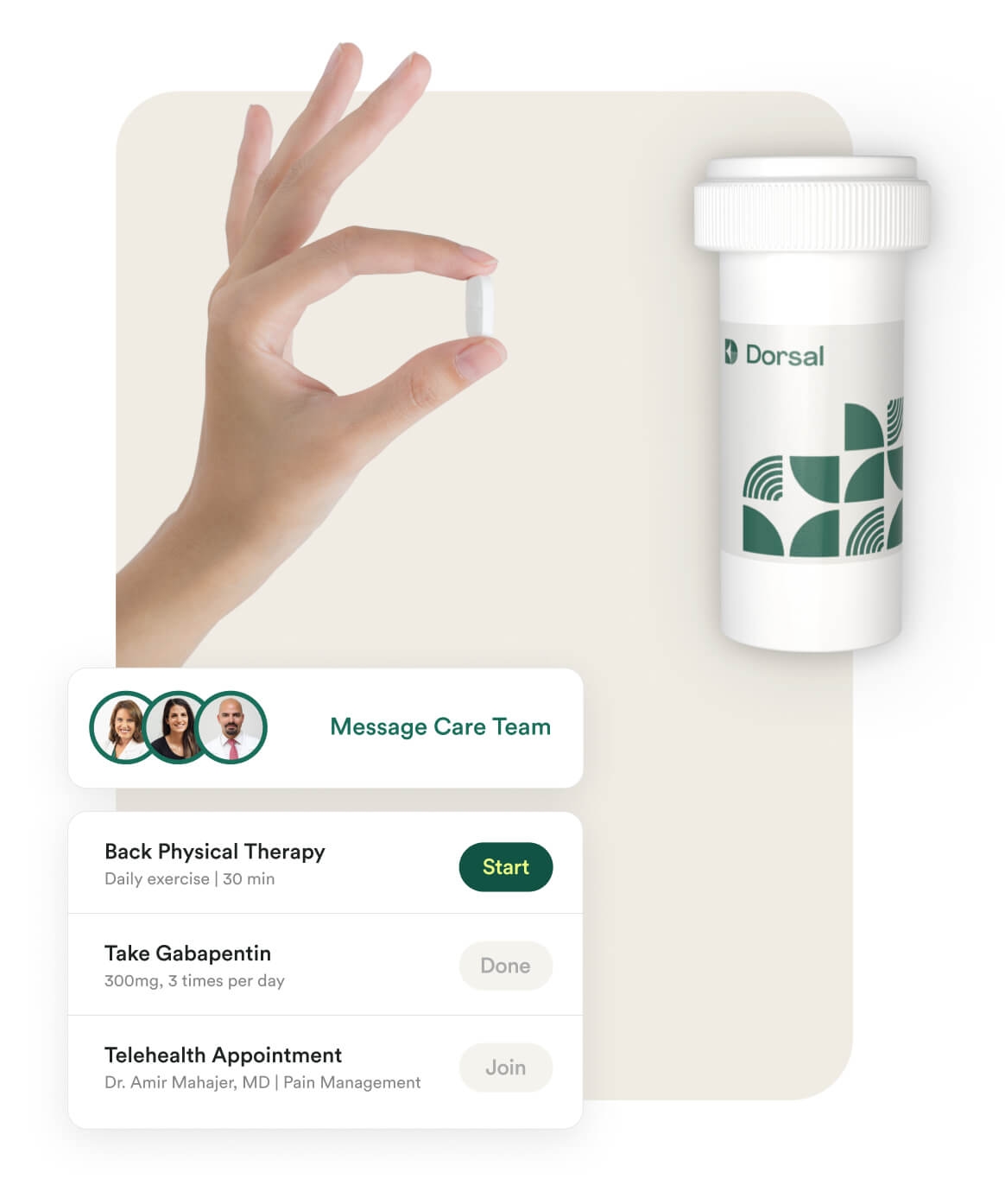 Collage of Dorsal medication bottle and application user interface