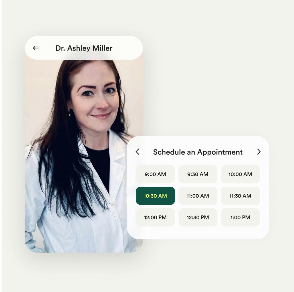 Application user interface showing telehealth visit and appointment scheduling features