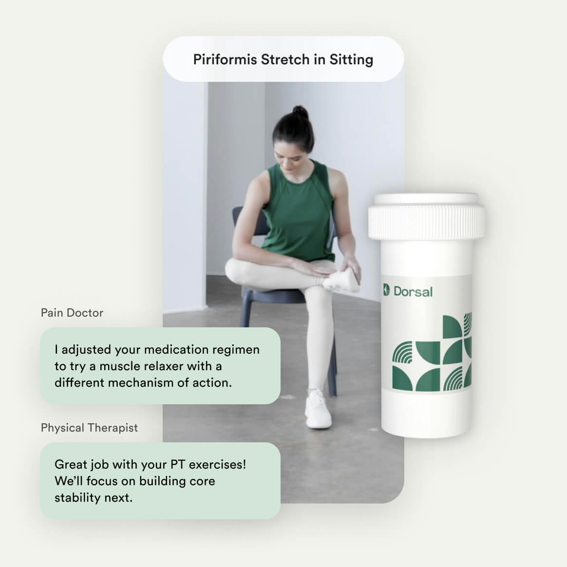 Medication bottle and application user interface showing physical therapy and chat features